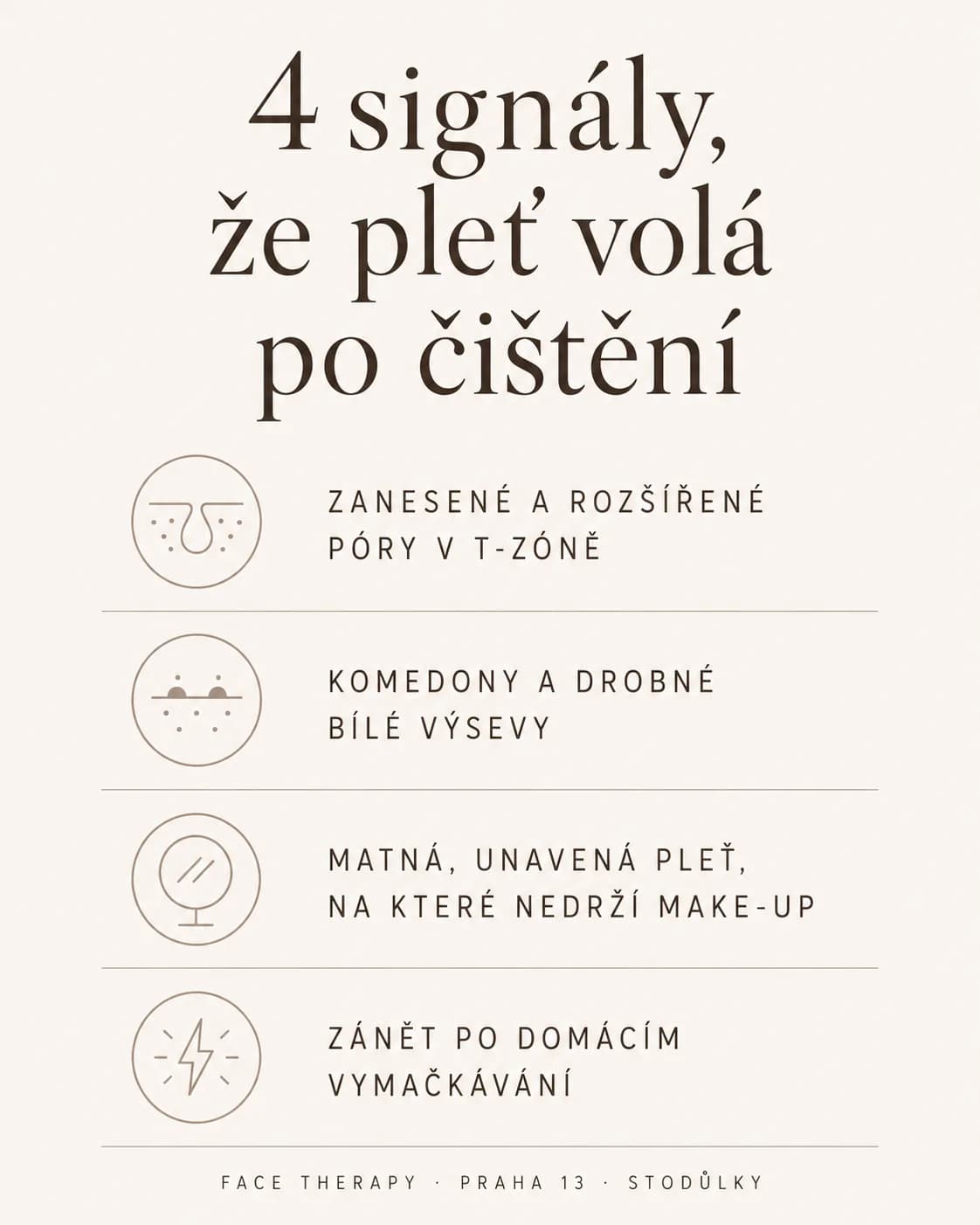 Čtyři signály, že pleť potřebuje profesionální čištění: zanesené póry v T-zóně, komedony, matná unavená pleť, zánět po domácím vymačkávání